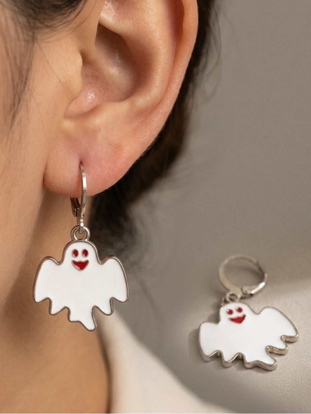 🆕HALLOWEEN 🎃: White Ghost Huggie Style Earrings with Red Accents